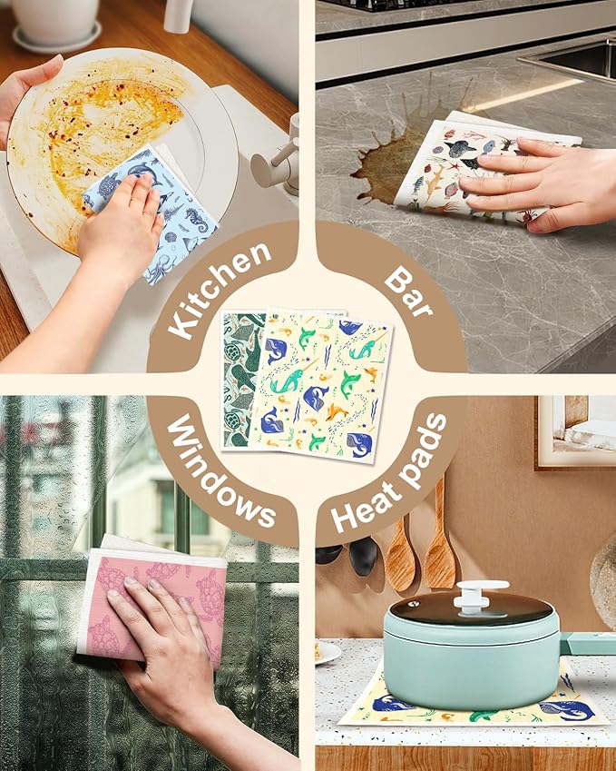 Miss Adola Swedish Dishcloths for Kitchen with Hooks - Reusable Dish Cloths for Washing Dishes Fast Drying Cute Fun 5 Pack Swedish Dish Towels Washable Cleaning Sponge, Deep Sea Fish