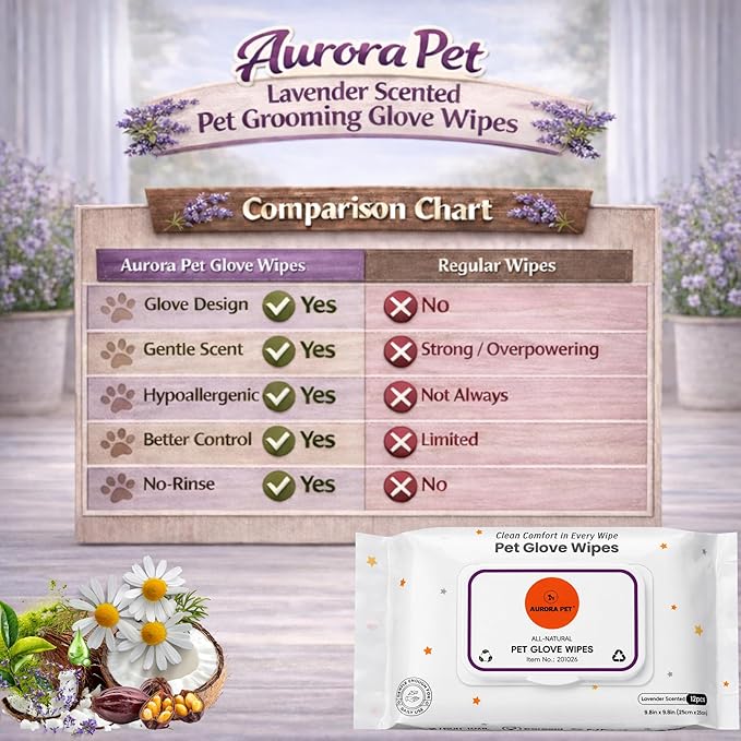 Aurora Pet Glove Wipes for Dogs & Cats, Wearable No-Rinse Grooming Glove Wipes for Paws, Face, Ears & Body, Hypoallergenic Disposable Pet Cleaning Wipes, Lavender Scented, 24 Count