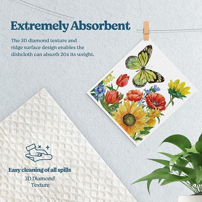 Swedish Dishcloths for Kitchen, Butterfly Floral Summer Dish Rags Kitchen Dish Towels for Washing Dishes, 4 Pack Reusable Paper Towels, Sponge Cloths for Home Cleaning Baking Cooking