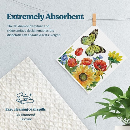 Swedish Dishcloths for Kitchen, Butterfly Floral Summer Dish Rags Kitchen Dish Towels for Washing Dishes, 4 Pack Reusable Paper Towels, Sponge Cloths for Home Cleaning Baking Cooking