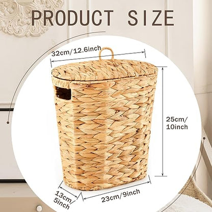 Ctosree 2.5 Gallons Small Wicker Trash Can Woven Wicker Bathroom Waste Basket with Lid Handle Boho Trash Basket with 100 Plastic Garbage Bags for Bedroom Office Laundry(Oval Style, Natural)