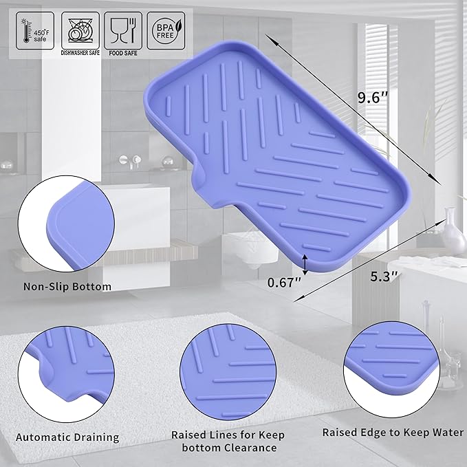 MicoYang Silicone Bathroom Soap Dishes with Drain Spout-Bathroom and Kitchen Sink Organizer,Sponge Holder,Dish Soap Tray,Perfect for Dispenser,Scrubber,Bottle on Sink or Counter-Light Purple 9.6"×5.3"