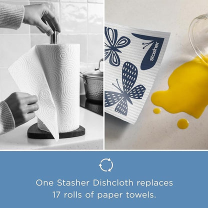 Stasher Swedish Dishcloths for Kitchen, 3-Pack Reusable Dish Cloths, Super Absorbent, Soft, Washable, Biodegradable, Paper Towel Alternative, Quick Drying, Dishwasher Safe, Floral Print, 7" x 8"