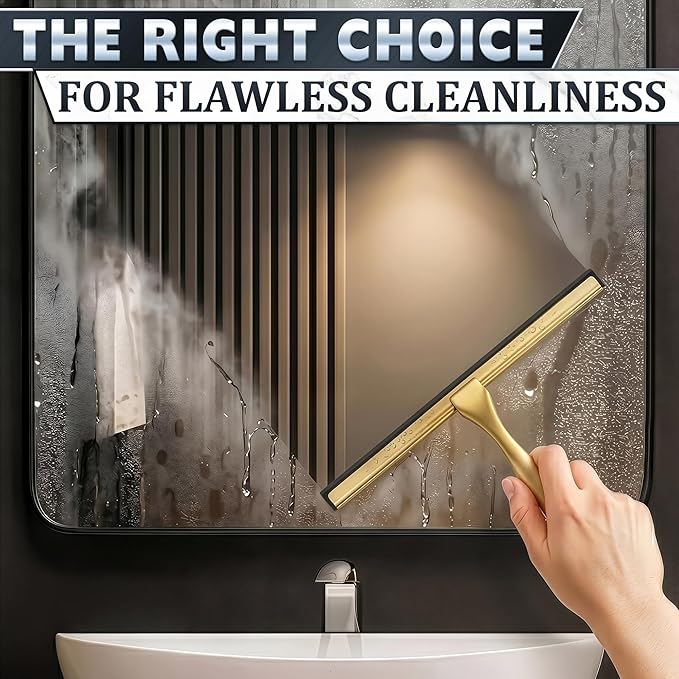 12 Inch Shower Door Squeegee - Gold Squeegee for Shower Glass with Stainless Steel Body, Silicone Blade, Adhesive & Hanging Hooks for Streak-Free Mirror, Tile, Window, Bathroom, Car, Everyday Home Use