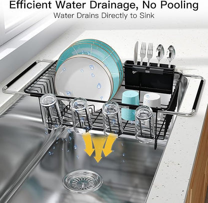 Dish Drying Rack Over the Sink In Stainless Steel Black Expandable Drainer for Small Kitchen, Counter Space Saving Compact Inside Sink Plate Dryer, Adjustable Hanging Metal Wire Strainer Drain Holder