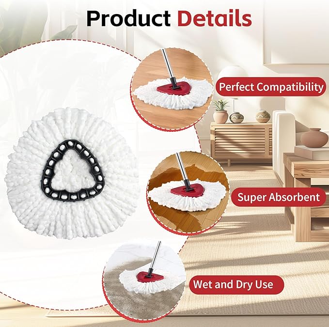 ANREKEYH Spin Mop Replace Head, Base, Handle Compatible with O Cedar EasyWring Microfiber Spin Mop, 2 Mop Refills Replacement Heads, 30-58in Mop Handle and 1 Mop Base Combo Set (White (1-Tank System))