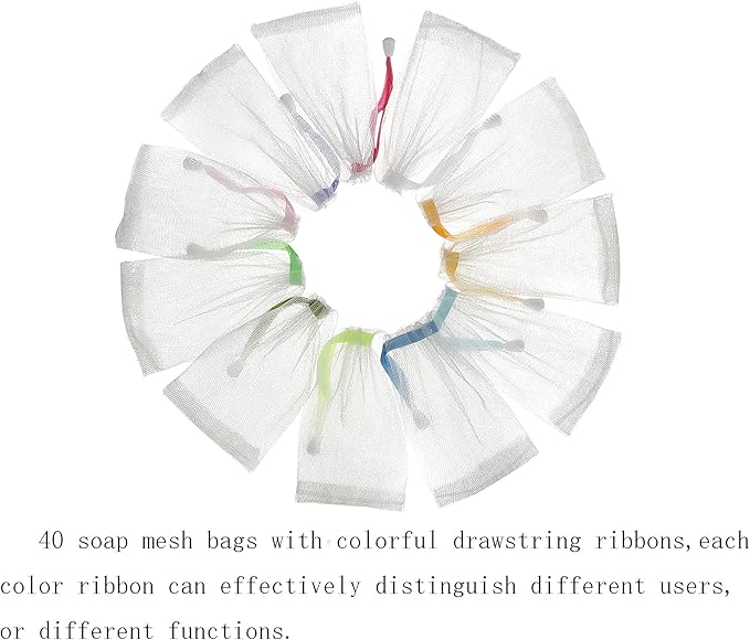 40PCS Exfoliating Soap Mesh Saver Pouch Bag and 3 PCS Transparent Hook and 5 PCS Transparent Spring Cord Plastic Lock for Shower Face Washing,Easy to Bubble and Store Small Soap