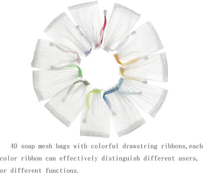40PCS Exfoliating Soap Mesh Saver Pouch Bag and 3 PCS Transparent Hook and 5 PCS Transparent Spring Cord Plastic Lock for Shower Face Washing,Easy to Bubble and Store Small Soap