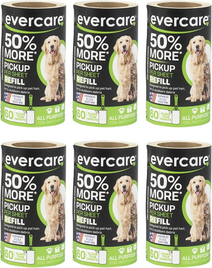 Evercare Pet Lint Roller Refill, Manual Operation, 60 Sheets per Roll, 6 Count Refill Pack for Pet Hair Removal, Green