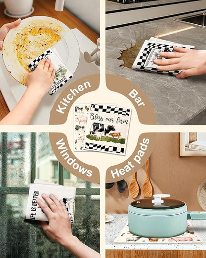Miss Adola Swedish Dishcloths for Kitchen with Hooks - Reusable Dish Cloths for Washing Dishes Fast Drying Cute Fun 5 Pack Swedish Dish Towels Washable Cleaning Sponge, Black White Farm