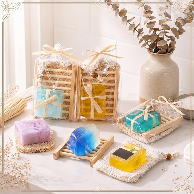 Threehoney 72 Pcs Soap Saver Set Including Wooden Dish Exfoliating Bag Saver Pads Bulk with 100 OPP Transparent Bags 2 Bundles Paper Ropes for Wedding Homemade Gift Mother‘S Day(Wood Color)