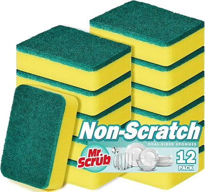 Mr. Scrub Sponges Kitchen Scrub Dish Sponge Scouring Pad, 12 Pack Cleaning Brush Scrubber Supplies for Soap, Dishwashing Dinnerware Sets Pan Pot Towels Cloth Rags Holder Glass Dishwasher Sink Bathroom
