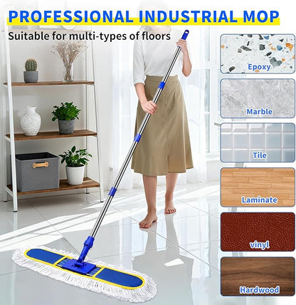 29.5" Commercial Dust Mop for Floor Cleaning,Heavy Duty Floor Duster with 2 Cotton Reusable Mop Pads,61” Long Handle Wet Dry Flat Mops for Hardwood Floors,Marble, Laminate,Tile,Concrete,Garage (Blue)