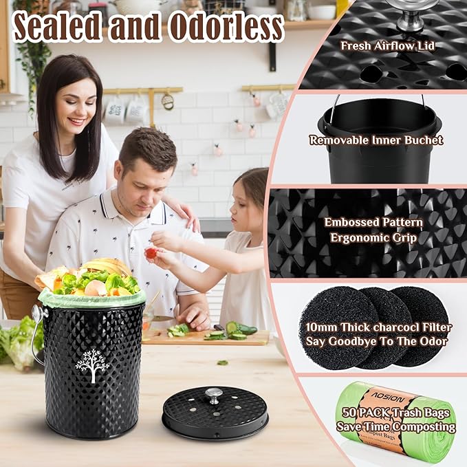 AOSION Countertop Compost Bin Kitchen，Odorless Indoor Compost Bin with Lid and 50 Pack Compost Bags,Compost Bucket Composter Container for Food Waste,Black
