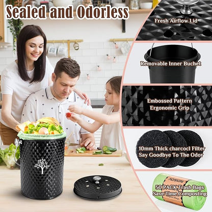 AOSION Countertop Compost Bin Kitchen，Odorless Indoor Compost Bin with Lid and 50 Pack Compost Bags,Compost Bucket Composter Container for Food Waste,Black