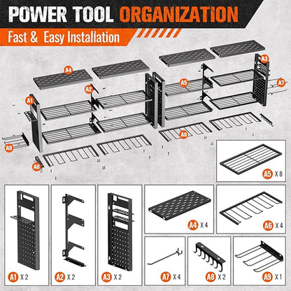 66" W Super Large Power Tool Organizer Wall Mount,Heavy Duty Cordless Tool Organizer with 18 Drill Holder,600 Lbs Capacity 4-Layer Garage Organization for Garage and Workshop (Black)