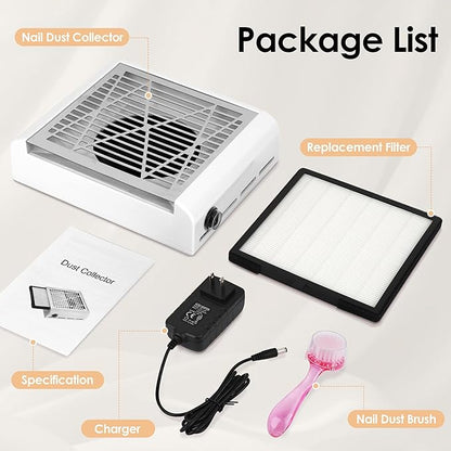 CoFashion Nail Dust Collector for Nails Dust Remove, Nail Acrylic Dust Collector Powerful Nail Duster Collector, One-Button Control Nail Duster Collector Filter White Manicure Vacuum with a Brush