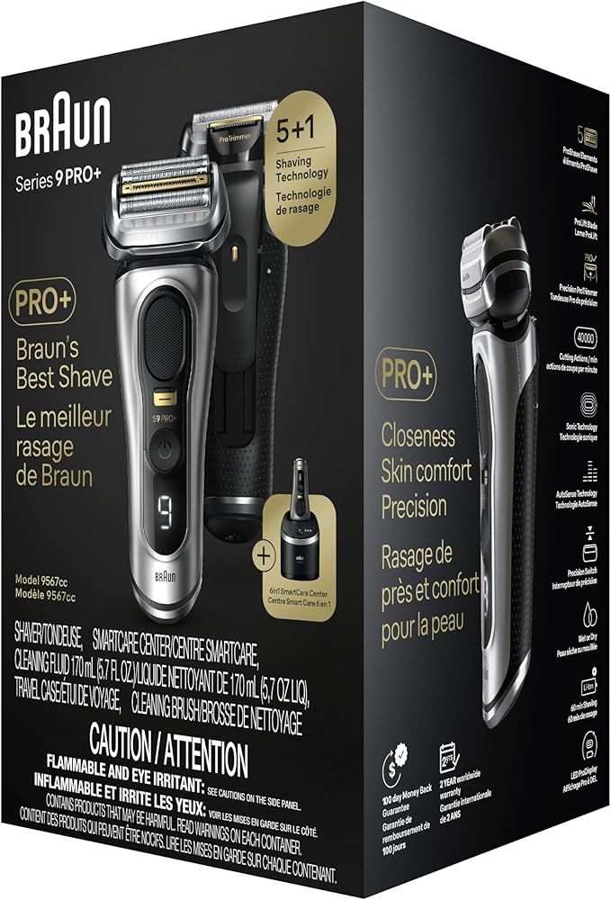 Braun Series 9 PRO+ Electric Razor for Men, 5 Pro Shave Elements & Precision Long Hair Trimmer, 6in1 SmartCare Center, Wet & Dry Electric Shaver for Smooth Skin with 60min Battery Runtime, 9567cc