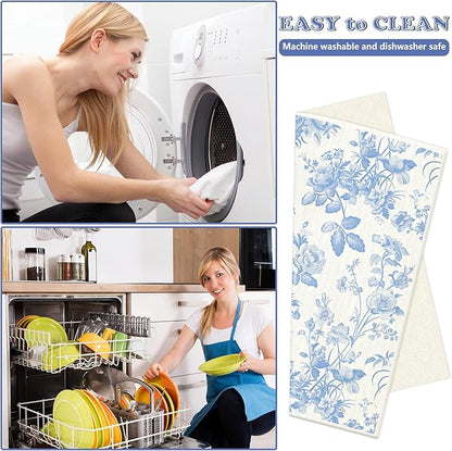 Whaline 6 Pcs Blue White Flower Swedish Dishcloths Chinoiserie Floral Bow Absorbent Decorative Cotton Dish Towel for Home Kitchen Cooking Cleaning Decor Housewarming Gift, 7 x 8 Inch