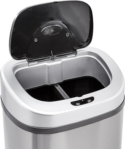 Amazon Basics Automatic Dual Compartment Trash Can with Lid, Hands-Free, Fingerprint Resistant, Odor Control, Stainless Steel, D-Shaped, 80 l, 2 Bins