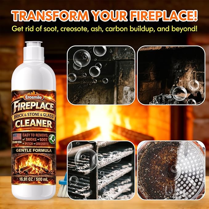 Fireplace Cleaning Set Fireplace Soot Remover with Scrub Brush for Brick, Stone, Rock, Tile, and Marble – Nonabrasive Brick Cleaner, Gentle Formula for Bricks & Glass Indoor and Outdoor -16 oz
