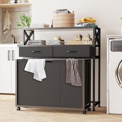Laundry Hamper 3 Section, 150L Rolling Laundry Sorter Basket with 2 Shelves and 2 Drawers, 3 Compartment Clothes Organizer Cart with Wheels, Pull-Out Bags for Laundry Room, Bathroom, Bedroom