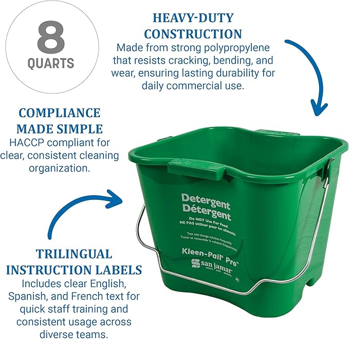 San Jamar Kleen-Pail Pro Detergent Pail Cleaning Bucket with Bail Handle for Cleaning, Kitchens, Restaurants, And Janitorial Use, Plastic, 8 Quarts, Green, (Pack of 12)