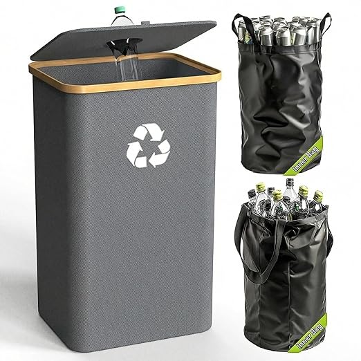 Recycling Bin for Kitchen Indoor Home, Large 100L/ 26 Gallon Recycle Bin with Lid Removeable Reusable Inner Bag Bottle Can Glass Waste Plastice Stickers (Gray, 26 Gallon)