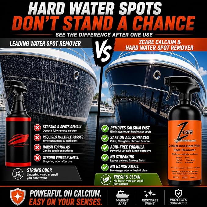 Hard Water & Calcium Remover for Boats & Cars - Safe on Paint, Glass, Chrome & Fiberglass - Removes White Spots & Mineral Build Up - Vinegar & Acid Free