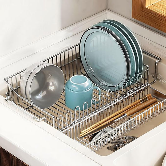 304 Stainless Steel Over Sink Counter Top Perfect Dish Drainer, Extendable Drainage Basket Drying Rack for Fruit, Vegetables, and Dishes - Corrosion-Resistant, Space-Saving
