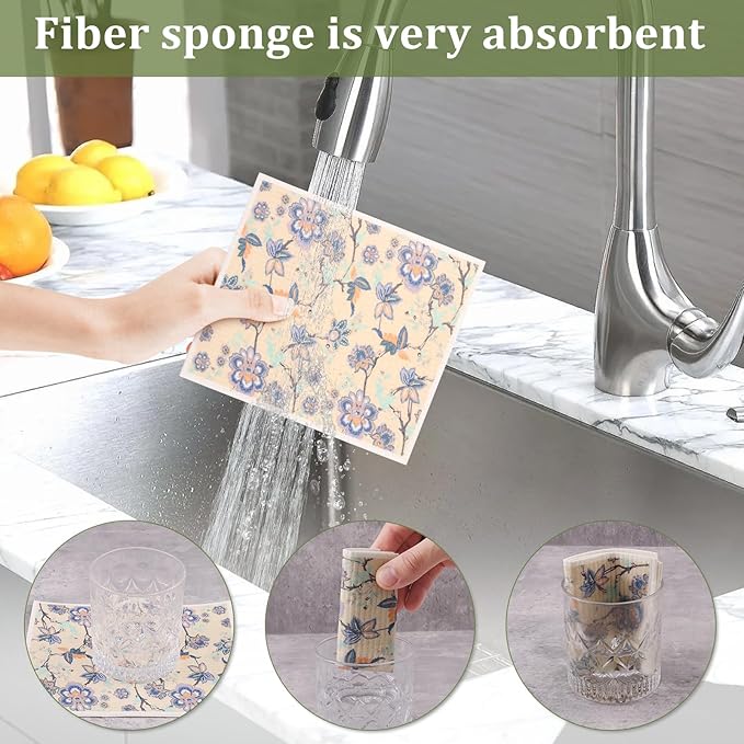 8Pcs Swedish Dishcloths for Kitchen, Quick-Drying Reusable Paper Towels, Absorbent Washable Kitchen Dish Rags, Soft Cellulose Sponge Cloths for Countertop Sink Flower Bird (8pcs Floral Fragments)