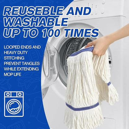 Eccliy 3 Pack Mop Heads Replacement Commercial Industrial Mop Heads Heavy Loop End Cotton String Heavy Duty Refills Wet Washable Refills for Home General Floor Cleaning (White,Blue)
