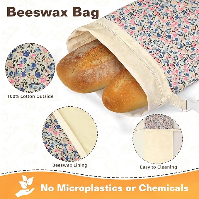 2 Pack XL Reusable Beeswax Bread Bags for Sourdough Baking, Organic Waxed Lined, Cotton Bread Bags for Homemade Bread, Food-Storage Bag to Keep Fresh