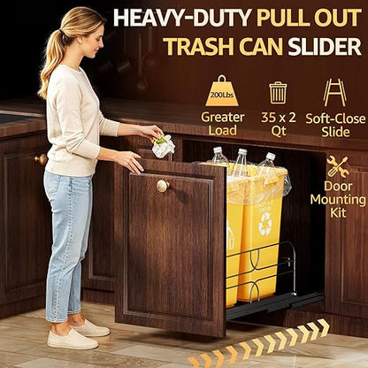 Double Pull Out Trash Can Under Cabinet with Soft-Close Slides, 200LB Heavy-Duty Black Under Sink Trash Can Pull Out for Kitchen, Fits Minimum Cabinet Opening 16" W x 23" D, Can Not Included