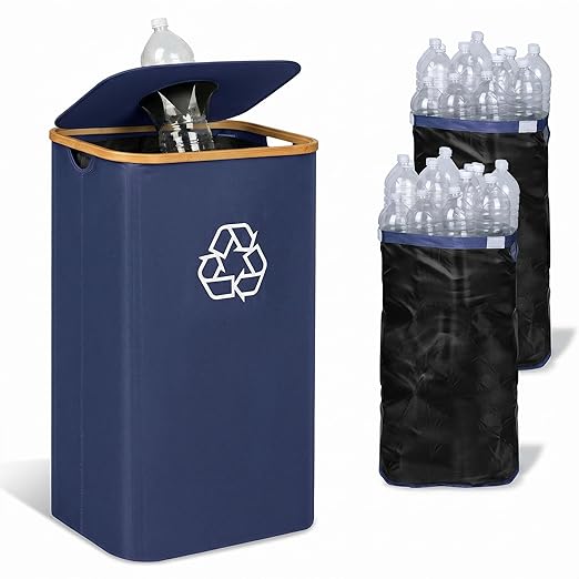 iEGrow 29 Gallons Recycling Bins for Kitchen, Indoor Recycle Bins with Lid, 110L Large Recycle bin with 2 Removeable Reusable Inner Bags, for Bottles Cans Glass Plastice Cartons(Blue)