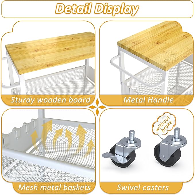9.1" Wide Slim Rolling Utility Cart, 4 Tier Metal Narrow Storage Cart with Handle and Wood Top, Multifunctional Small Mobile Shelf Unit Organizer Trolley for Laundry, Bathroom, Kitchen
