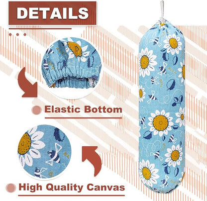 Plastic Bag Holder, Wall Mount Plastic Bag Organizer, Washable Large Grocery Bag Storage Dispenser, Shopping Bags Carrier for Home Kitchen Travelling, Free Adjustment with Drawstring, Sunflower,22x9"