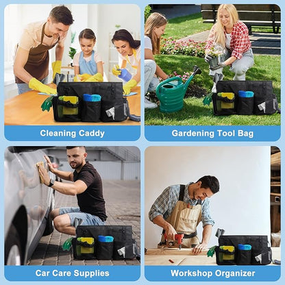 Large Wearable Cleaning Caddy Bags, Cleaning Supplies Organizer with Detachable Divider & Adjustable Shoulder Straps for Housekeepers & Cleaners, 14 inch Black Tool Bag