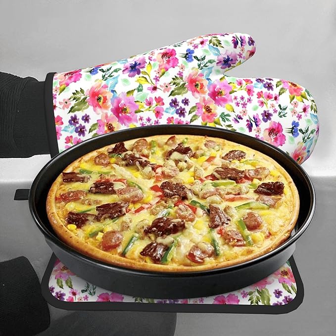 Floral Oven Mitts and Pot Holders Sets Spring Summer Kitchen Mitts Colorful Blossom Potholders 2PCS Wildflower Oven Gloves Hot Pads for Kitchen Baking Cooking