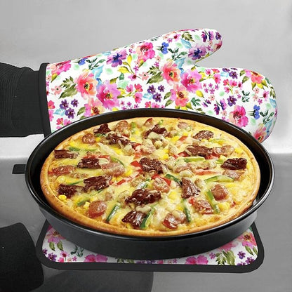 Floral Oven Mitts and Pot Holders Sets Spring Summer Kitchen Mitts Colorful Blossom Potholders 2PCS Wildflower Oven Gloves Hot Pads for Kitchen Baking Cooking