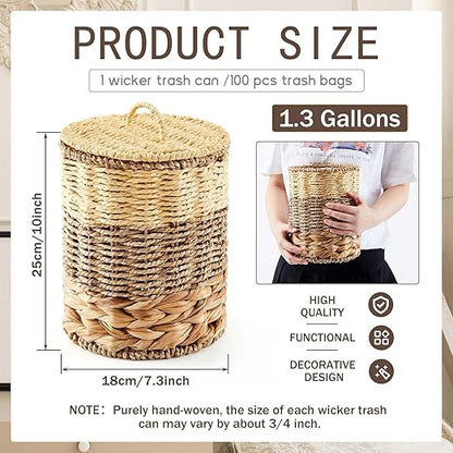 Ctosree 1.3 Gallons Small Trash Can with Lid Handle Boho Woven Braided Bathroom Waste Basket Trash Can with 100 Garbage Bags for Bedroom Office Laundry(Braided Wicker, Primary Color)