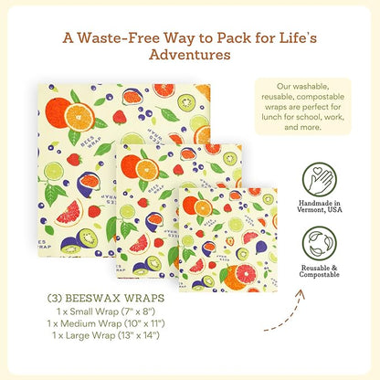 Bee's Wrap Beeswax Wraps for Food - 3 Pack of Assorted Beeswax Wraps - Small, Medium & Large Wrap - Plastic Free Made in USA Reusable Natural Food Wrap - Fresh Fruit Print