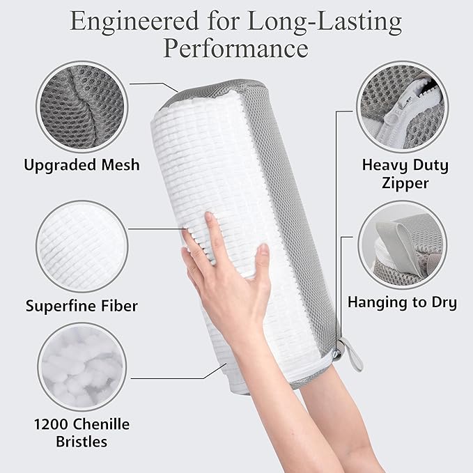Shoe Washing Machine Bag, 2 Pcs Cylindrical Laundry Shoe Bag for Washer and Dryer with Adjustable Shoe Trees, 360 Deep Cleaning Sneaker Washing Bag with Zipper, Fits All Shoe Types and Sizes, White