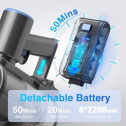 Zefiro Cordless Vacuum Cleaner for Home, 500W/45Kpa 50Mins Stick Vacuum, Anti-Tangle 1.5L Dust Cup, Rechargeable Wireless Handheld Vacuum for Pet Hairs/Carpets/Floors