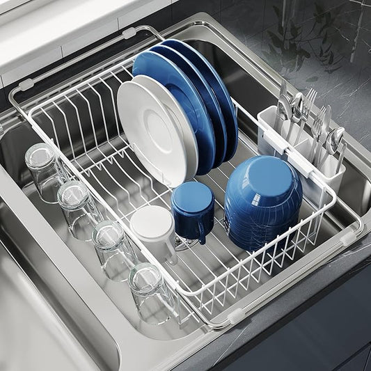 JASIWAY White in Sink Dish Drying Rack, Expandable Stainless Steel Small Dish Rack Over Kitchen Sink, Plate Drainer Strainer with Utensil Holder & Cup Holders, Counter Space Saving Wire Dryer Rack