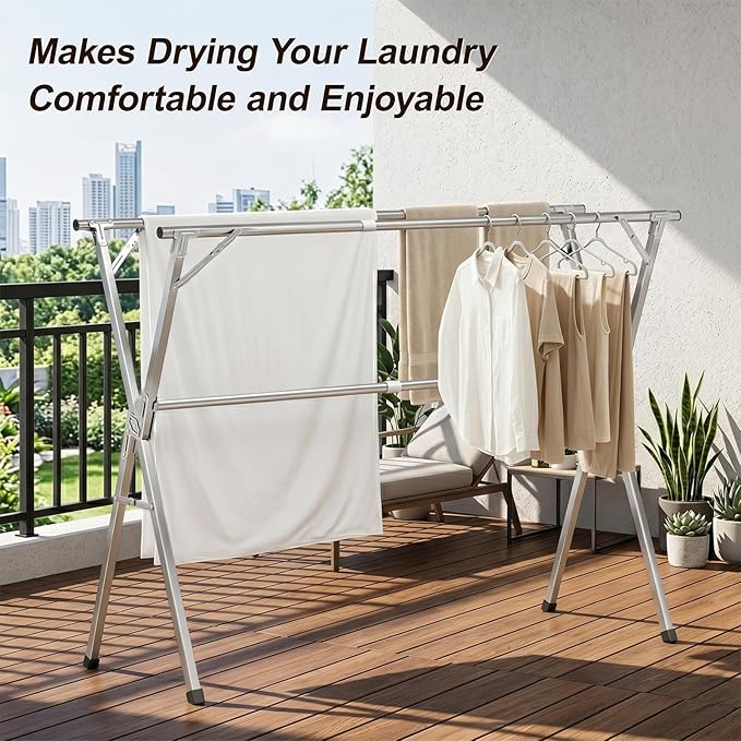 Spreezy Stainless Steel Clothes Drying Rack, Indoor/Outdoor Drying Rack for Clothes, Portable Folding Laundry Drying Rack, Adjustable Length, Space-Saving, with Windproof Hooks
