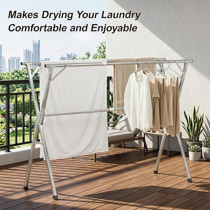 Spreezy Stainless Steel Clothes Drying Rack, Indoor/Outdoor Drying Rack for Clothes, Portable Folding Laundry Drying Rack, Adjustable Length, Space-Saving, with Windproof Hooks