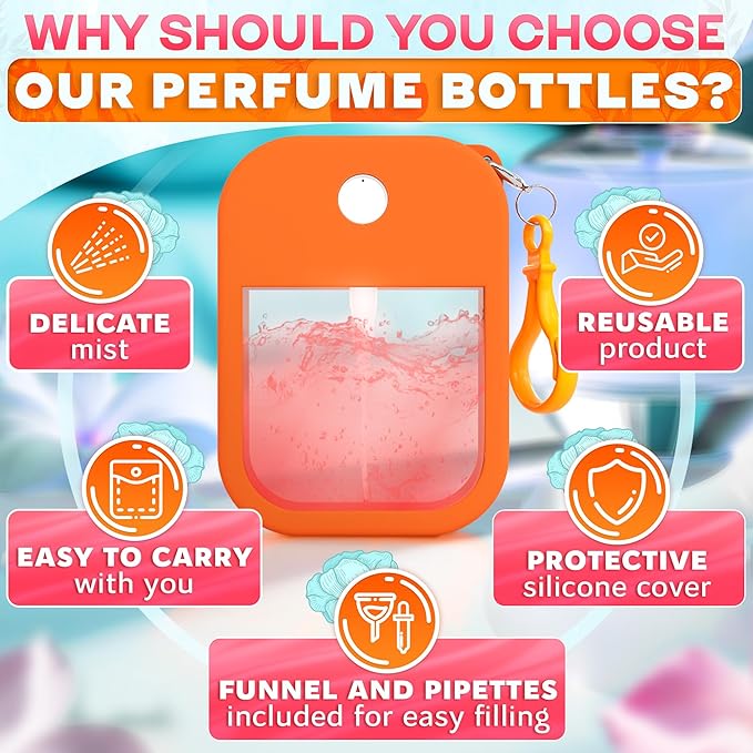 6Pcs Perfume Travel Refillable Card Spray Bottle 1.28oz - 3.5"x2.2" Travel Perfume Bottle Refillable with Colorful Silicone Case & Keychain, Leakproof, TSA-Compliant Pocket Cruise Essentials Atomizer