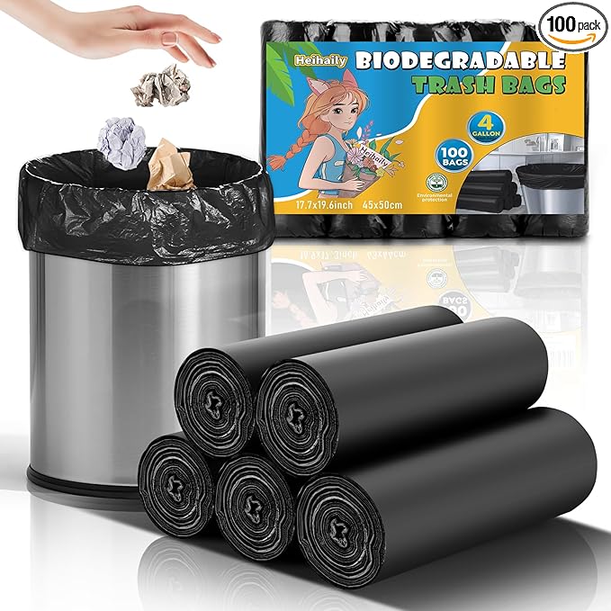 Compostable 4 Gallon Trash Bags - 100 Count Unscented Clear Black Small Kitchen Garbage Bag Strong Thick, Leakage-Free Perfect for Bathroom, Bedroom, and Office Waste Baskets