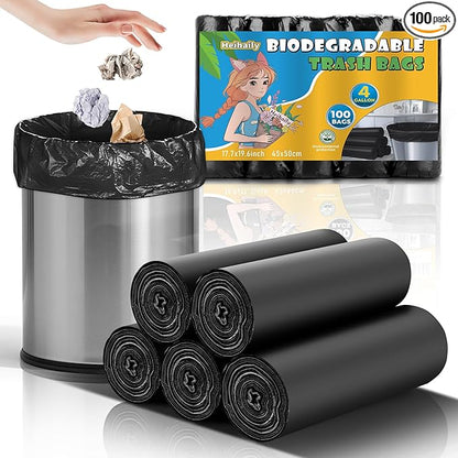 Compostable 4 Gallon Trash Bags - 100 Count Unscented Clear Black Small Kitchen Garbage Bag Strong Thick, Leakage-Free Perfect for Bathroom, Bedroom, and Office Waste Baskets